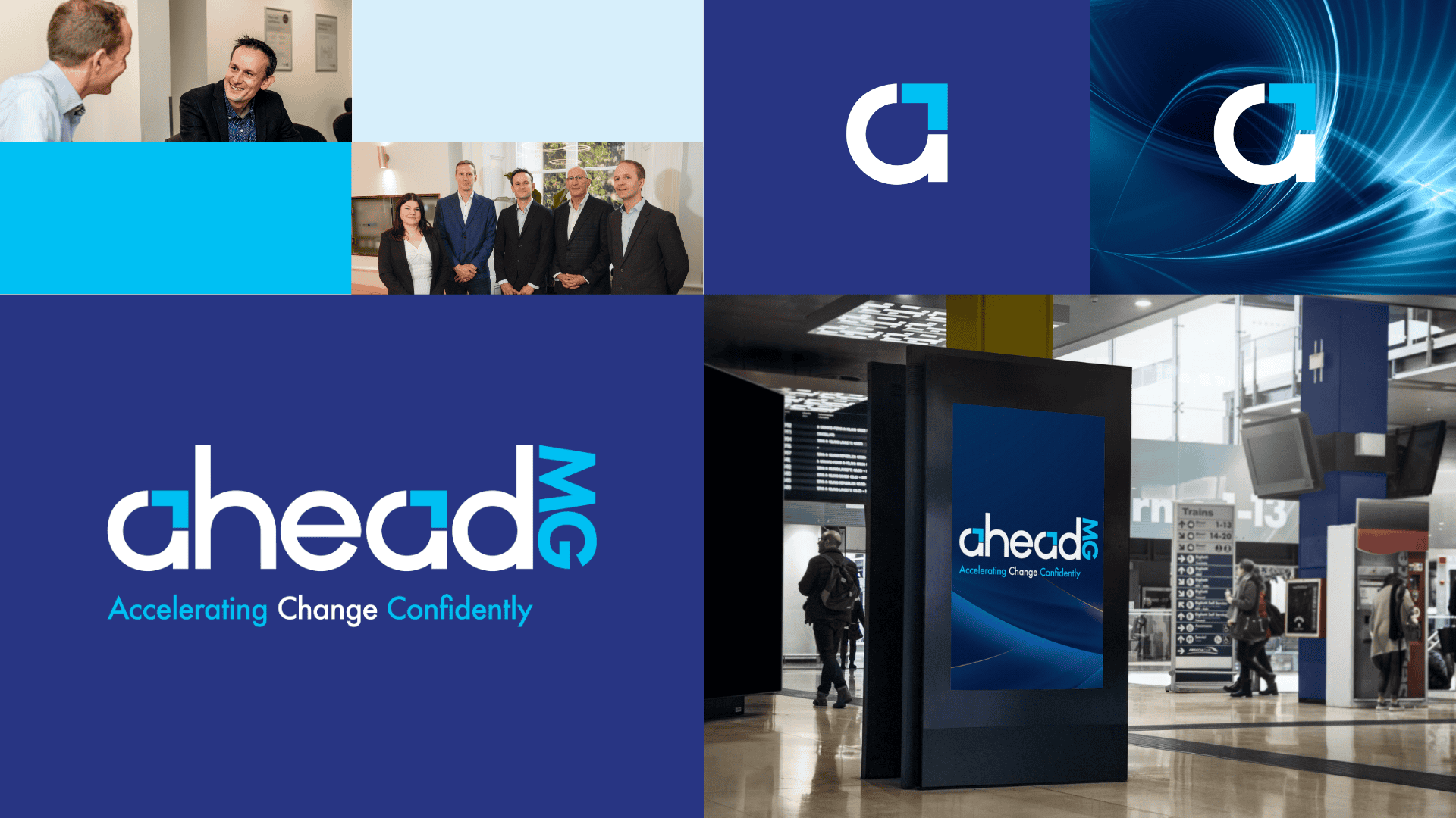 Innovative AheadMG digital signage displays at an airport, showcasing branding with vibrant blue graphics and the company's logo for enhanced customer engagement and brand visibility.