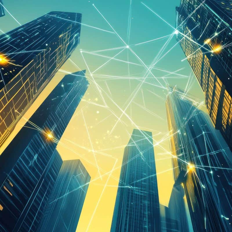 Futuristic city skyline with connected digital network and glowing lights, representing innovative technology and smart infrastructure for modern urban development.