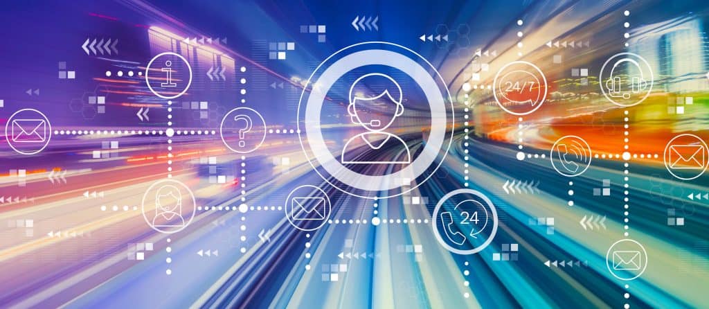 Innovative customer support technology with digital icons representing communication channels, 24/7 service, and multi-device connectivity on a dynamic blurred city background.