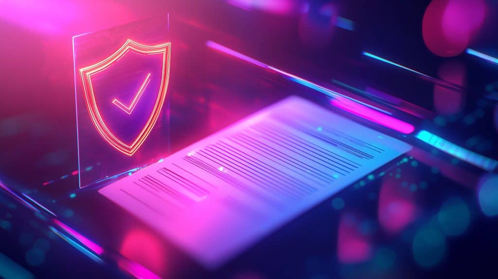 Secure digital document with holographic shield icon representing cybersecurity and data protection technology.