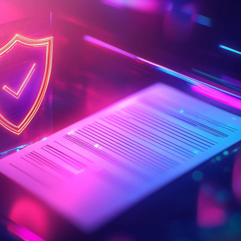 Secure digital document with holographic shield icon representing cybersecurity and data protection technology.