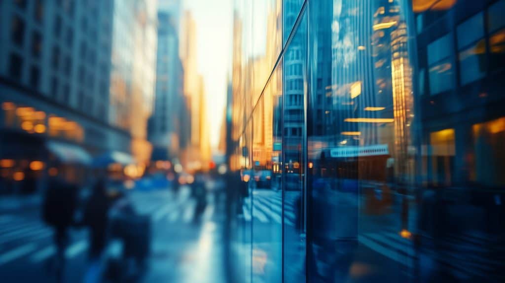 Reflective glass building exterior in a city at sunset with skyscrapers and urban environment.