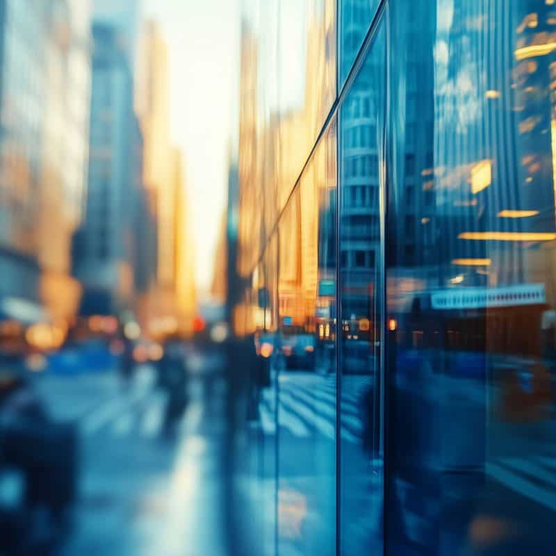 Reflective glass building exterior in a city at sunset with skyscrapers and urban environment.